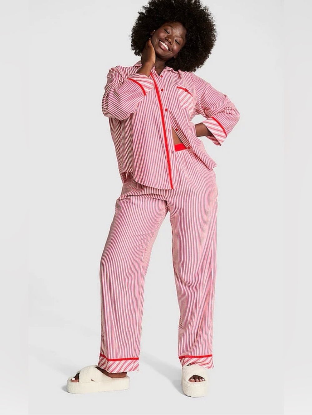 PINK Victoria's Secret Red & White Striped Flannel Pajama Set